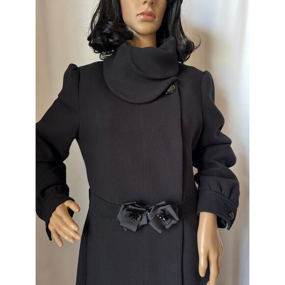 H&M Black dress coat rounded fold over collar with flower belt 12 - Picture 15 of 17